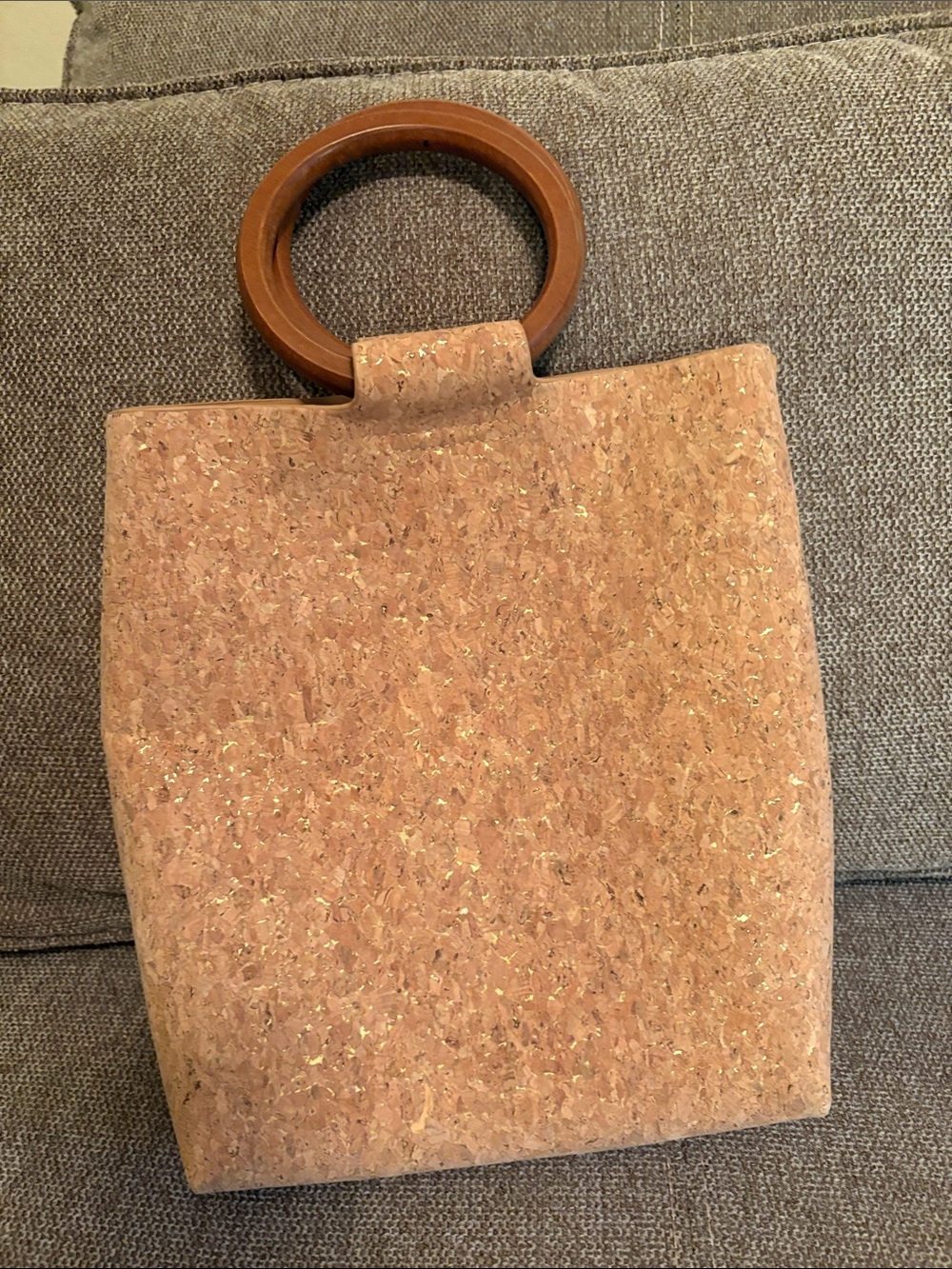 Natural Cork Tote Bag with Brown Wood Ring Handle